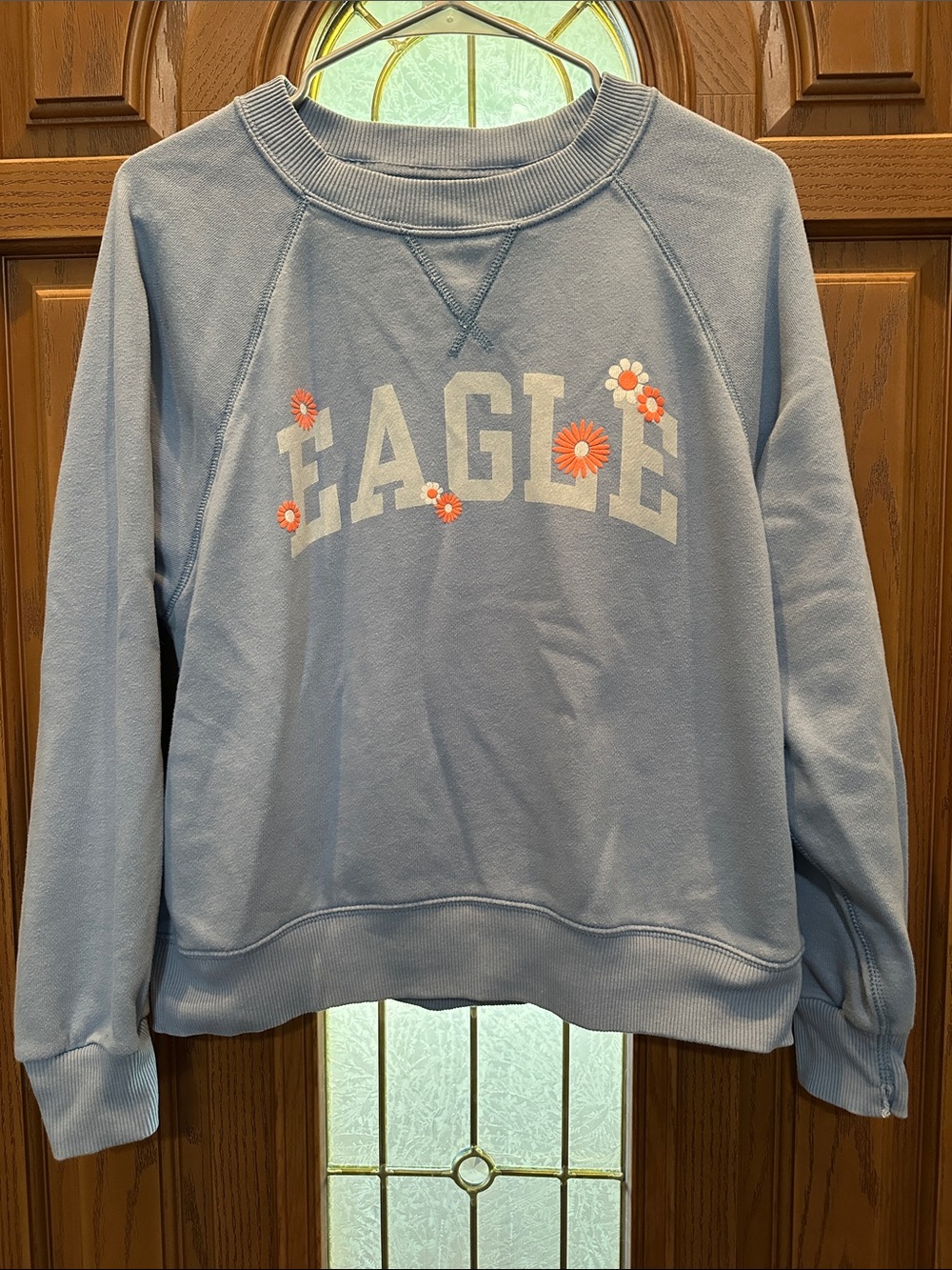 American Eagle Outfitters Light Blue 'EAGLE' Floral Logo Sweatshirt